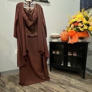 Elegant Brown Evening Gown with Shawl